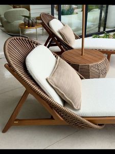 Tumbona de Madera Tejida para Exteriores, Tumbona para Piscina, Silla Reclinable para Patio con Cojín para Hotel o Villa - Product Image 3