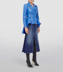 Chaqueta de Mujer con Diseño Único, Peplum, de Piel de Oveja Auténtica, Resistente al Viento, con Cierre Azul, Chaqueta de Cuero con Calefacción, Logotipo Personalizado - Product Image 3