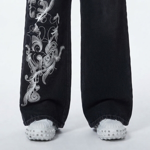 Jeans de Mezclilla de Cintura Alta y Pierna Ancha para Hombre, con Bordado Floral, Corte Holgado, Estilo Urbano de Algodón, para Otoño - Product Image 5