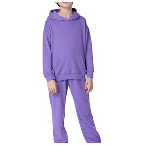 Survêtement à capuche violet pour filles, ensemble deux pièces décontracté en coton de couleur unie, pantalon long avec poches latérales, vêtements d'automne - Product Image 1