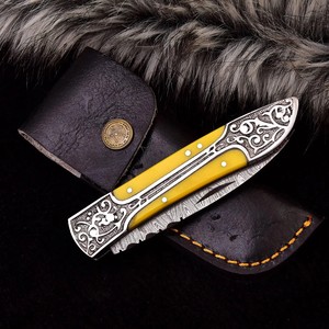 Couteau pliant en acier Damas avec manche gravé, étui de transport vertical, couteau de poche EDC pour la chasse et le camping, couteau à pointe tombante, couteau OEM personnalisé - Product Image 3