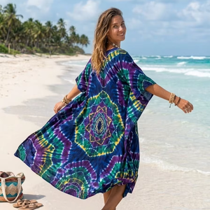 Printed <b>Kaftan</b> Dress Women <b>Summer</b> Beach Cover Up Loose Fit Silk Cotton Rayon Polyester Custom Manufacturer Bulk Order Supply - Product Image 1