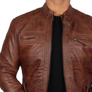 Chaqueta de cuero genuino para hombre de marca personalizada con cierre de cremallera y bolsillos, para otoño e invierno. - Product Image 6