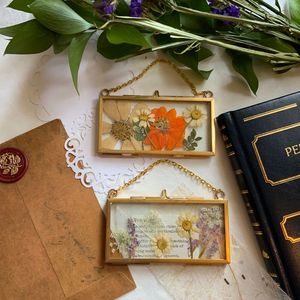 Vintage <b>Gold</b> Metal Hanging Photo <b>Frame</b> With Pressed Flowers Double Glass Display Case For Wall Decor Wedding Art Keepsake Gift - Product Image 1