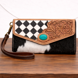 Hand-Tooled Hair On Leather Women Wallet Clutch Long Western Style Checkered Design Cowgirl <b>Wristlet</b> Purse With Turquoise Stone - Product Image 3