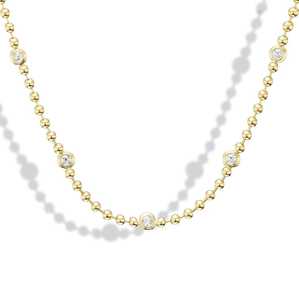 สร้อยคอประดับลูกปัดทองคำแท้ 14K พร้อมเพชรทรงกลมเจียระไนแบบ Solitaire ขนาด 16 นิ้ว ฝังแบบ Bezel เหมาะสำหรับใส่ทุกวันและเป็นเครื่องประดับแบบ Layering - Product Image 2