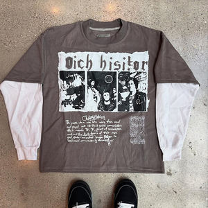 Camiseta estampada personalizada de algodón Vintage rasgada de doble capa de manga larga Waffle camiseta desgastada con lavado ácido para hombres en stock - Product Image 3