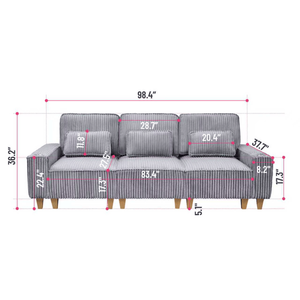 Deep Seat 3-Seater Modern Comfort Corduroy <b>Sofa</b> with Brushed Stainless Steel Cup Holders 3 Decorative <b>Pillows</b> for Living Room - Product Image 4