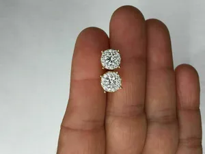 Round Cut Moissanite <b>Stud</b> Earrings 925 Sterling <b>Silver</b> 14K Yellow Gold Plated Halo Diamond Look - Product Image 4