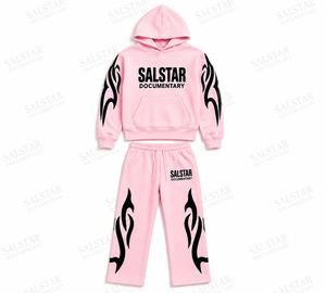 Ensemble de survêtement rose personnalisé pour hommes, sweat à capuche et pantalon de jogging, imprimé flamme noire, streetwear, vêtements de sport décontractés, tenue 2 pièces - Product Image 3