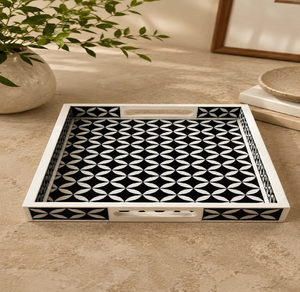 Plateau rectangulaire bleu avec incrustations en os, orné de motifs floraux blancs faits à la main en forme d'étoiles avec bordures, disponible à prix de gros. - Product Image 6