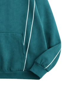 Sudadera con Capucha para Hombre en Color Verde Azulado Oscuro, con Rayas Laterales en Contraste, Estilo Casual Urbano, Felpa de Algodón, Bolsillo Canguro - Product Image 5