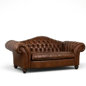 Canapé Chesterfield traditionnel en cuir véritable, trois places, dossier capitonné, accoudoirs roulés, pieds en bois, pour salon - Product Image 1