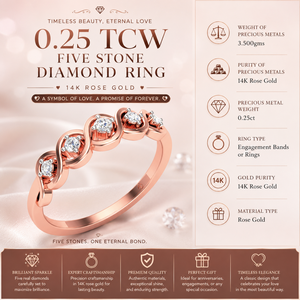แหวนเพชรแท้ห้าเม็ด 0.25 กะรัต |   แหวนแต่งงานทองคำแท้ 14K สีโรสโกลด์สำหรับผู้หญิง |   คอลเลกชันแหวนของขวัญเครื่องประดับอัญมณีสุดหรู - Product Image 5