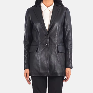 Blazer en cuir véritable pour femme, double boutonnage, manches longues, col ouvert, couleur unie, longueur normale, automne - Product Image 4