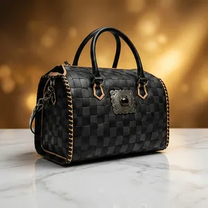Sac à main de luxe en cuir véritable pour femme, motif losanges, chaînes décoratives, deux anses, fermeture éclair, grande taille, vente en gros - Product Image 3