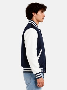 Men's Navy Blue Varsity <b>Jacket</b> With <b>White</b> Sleeve Regular Fit Preppy Style Turn-down Collar Button Closure Solid Color - Product Image 3