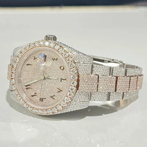 Montre en diamant Moissanite VVS bicolore 25mm édition or entièrement glacée Hip Hop Fashion Cadran bleu royal avec date automatique Montre unisexe à quartz - Product Image 2