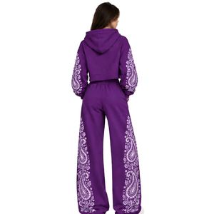 Purple Womens Paisley Print <b>Cropped</b> Hoodie Wide Leg Pants Two Piece Tracksuit Casual Streetwear <b>Jogger</b> Set Wholesale Outfit - Product Image 3