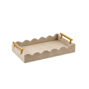 Bandeja Rectangular de Cuero Beige para Servir con Asas Doradas, Acabado Pulido de Color Sólido, Uso Residencial - Product Image 2