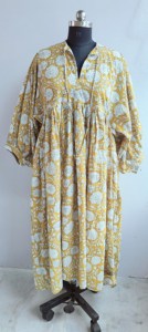 Vintage Yellow Floral Block Print Cotton Midi <b>Dress</b> with Puff Sleeves Tie-Neck <b>Loose</b> Fit Casual Summer <b>Dress</b> For Women - Product Image 2