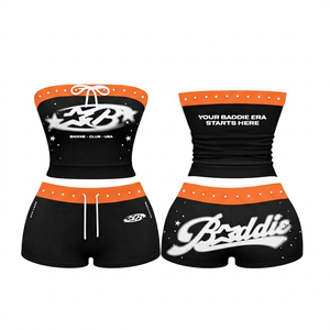 Ensemble 2 pièces marron et rose pour femme, short moulant au genou et haut bustier imprimé strass, style Baddie Club USA, sportif, décontracté et écoresponsable - Product Image 6