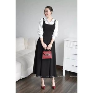 Robe longue de bureau noire unie à col carré, taille naturelle, coupe trapèze, tissée, pour l'été [V173] - Product Image 5