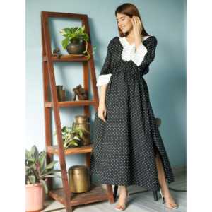 Caftán de Algodón Negro con Estampado de Lunares, Talla XS, Silueta Holgada para Uso Diario, Transpirable, con Cuello Peter Pan - Product Image 4