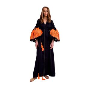 Women Black Cotton Maxi <b>Dress</b> Orange Floral Balloon Sleeve V Neck Tie Waist Tassel <b>Boho</b> Long <b>Dress</b> - Product Image 1