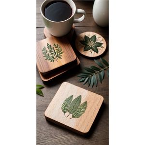 Custom Logo Natural Wood Coaster Eco Green Leaf Print Wooden Drink Cup Coaster Wholesale Durable Table Mat for Cafe Wood Coaster - Product Image 1