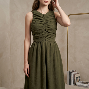 Vestido Maxi Elegante sin Mangas al por Mayor con Cintura Imperio Fruncida, Corte A, Color Liso, Tela Viscosa Transpirable, Vestido de Fiesta de Verano - Product Image 1