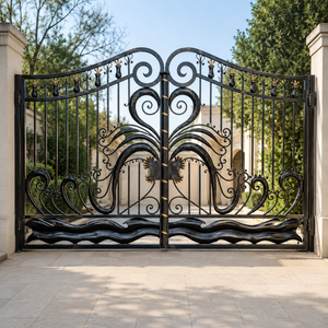 Black Wrought Iron Double <b>Swing</b> Gate Gold Accent Ornamental Scrollwork Villa Driveway Security Entrance Gate - Product Image 1