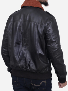<b>Men</b> Genuine Black <b>Leather</b> <b>Jacket</b> <b>Brown</b> Fur Shearling Collar Bomber Aviator Winter <b>Jacket</b> - Product Image 2