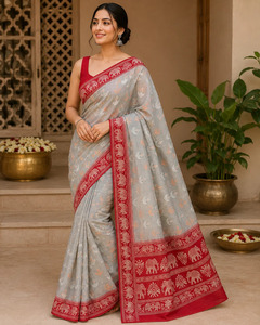 Sari en coton et soie tissé à la main, gris clair avec bordure rouge, motif éléphant, tenue traditionnelle indienne pour fêtes et mariages - Product Image 1