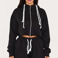 Ensemble de survêtement en polaire 2 pièces pour femme, sweat à capuche court et pantalon de jogging large, vêtements de sport décontractés toutes saisons, coupe ample, noir