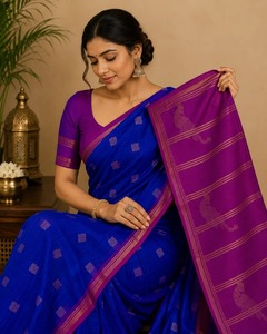 Sari en soie pure bleu royal avec bordure contrastée violette, motif paon, tissé à la main, vêtement traditionnel indien pour les fêtes et les mariages - Product Image 3