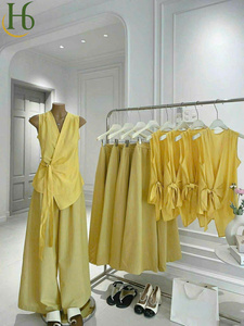 Yellow Solid Sleeveless Wrap <b>Tie</b>-Bow <b>Top</b> Wide-Leg Skirt Pants Set Vietnam Cotton Linen Blend Breathable V-<b>Neck</b> Women's Long - Product Image 2