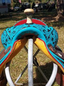 Sillín de caballo de cuero turquesa 2025, logotipo personalizado, producto de carreras duradero de alta calidad para Western English Trail Horse Type-Made - Product Image 6