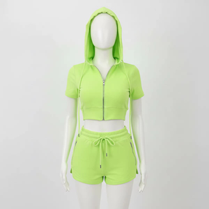 Women's Casual 2 Piece Hooded Sleeveless Crop Top Shorts <b>Set</b> Zipper Sporty Solid Color Summer <b>Knitted</b> Polyester/Cotton Outfit - Product Image 4