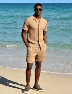 Mens Vintage Khaki Ribbed <b>Shirt</b> and Shorts Set Breathable Polyester Summer Casual Customizable Two-Piece Outfit - Product Image 3