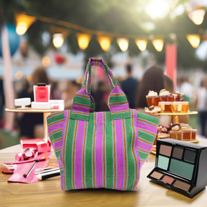 Eco-Friendly Reusable Recycled Nylon Shopping Bag Zipper Striped Pattern Large Capacity for <b>Makeup</b> Travel-Fashion Cosmetic - Product Image 1