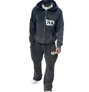Sudadera con capucha de serigrafía de alto gramaje con efecto desgastado por el sol, chándal acampanado para hombre, chándal vintage oversize con lavado ácido para hombre - Product Image 1