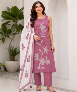 Ensemble Kurta et pantalon en coton violet avec dupatta, broderie florale dessinée à la main, tenue traditionnelle style Inde Pakistan 86128 MORNI- Mc-114 - Product Image 1