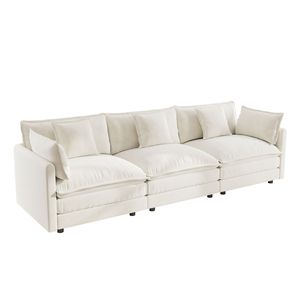 Divano a 3 Posti in Ciniglia Bianca Stile Mid-Century Moderno per Soggiorno con 2 Braccioli e 3 Cuscini Decorativi - Product Image 5