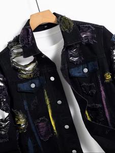 Unisex <b>Punk</b> Style Ripped Bomber <b>Jacket</b> Black Hooded Collar Regular Length Zipper Closure Slim Fit Cotton Material Front Autumn - Product Image 3