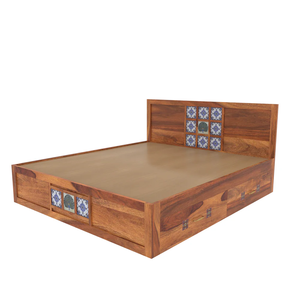 Lit plateforme en bois massif de palissandre CIA Industries, taille King/Queen, design rustique, lattes réglables, tiroir de rangement, base décorative - Product Image 1