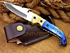 Cuchillo plegable de acero inoxidable con punta de cuchillo, mango de hueso azul, perilla para el pulgar, cuchillo de camping, cuchillo táctico de bolsillo DIY. - Product Image 3