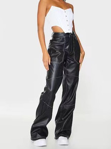 Fashion New <b>Vintage</b> Streetwear Loose Straight Ladies Trouser Solid Color Elastic Waist Wide Leg Pu Leather <b>Cargo</b> Pants Women - Product Image 6