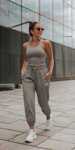 Conjunto Deportivo Gris Estampado para Mujer ONETEN, Top sin Mangas, Pantalones Deportivos con Cintura Elástica, Cierre de Cremallera en Cuello Alto, Ligero - Product Image 5