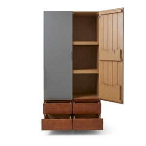 Two Tone Grey Wooden Wardrobe Armoire Solid Teak <b>Storage</b> <b>Cabinet</b> Base Drawers Modern Scandinavian <b>Bedroom</b> Closet Door Organizer - Product Image 2